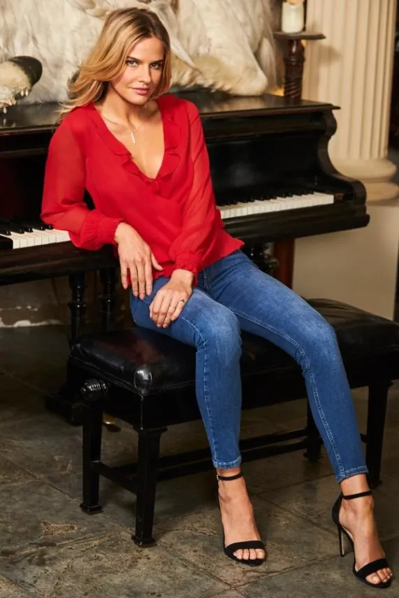 Sosandar Red Frill Detail Shirred Hem Blouse Red Women Tops