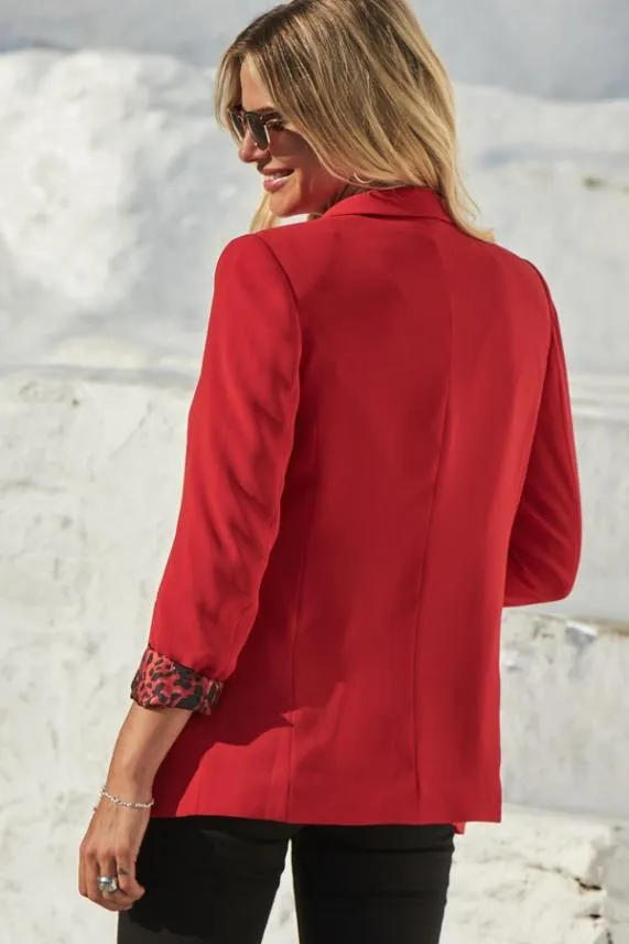 Sosandar Red Leopard Print Lining Blazer Red Women Jackets and Coats