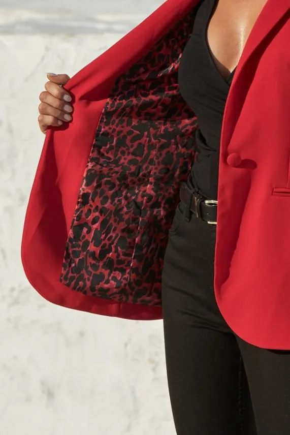 Sosandar Red Leopard Print Lining Blazer Red Women Jackets and Coats