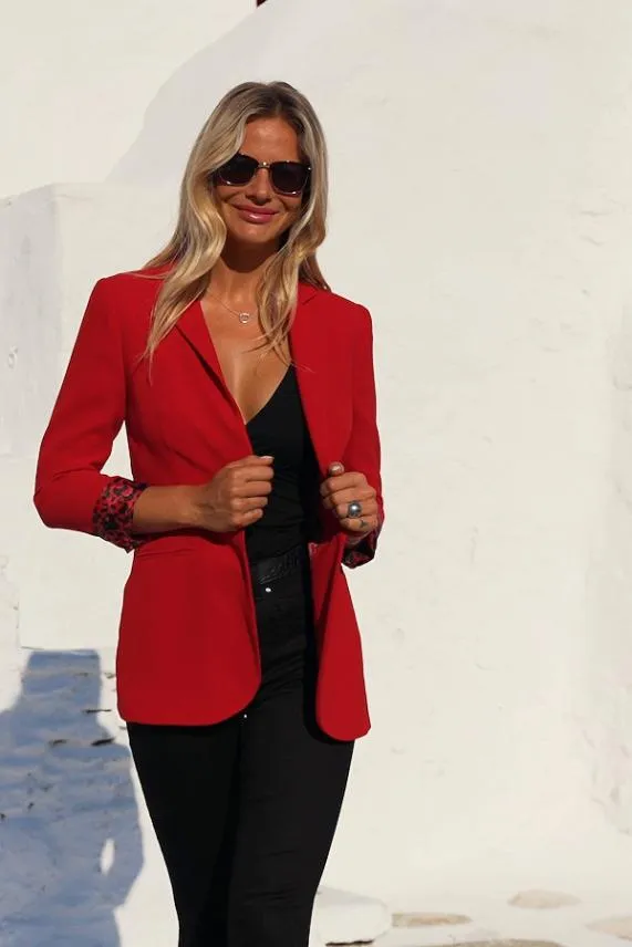 Sosandar Red Leopard Print Lining Blazer Red Women Jackets and Coats