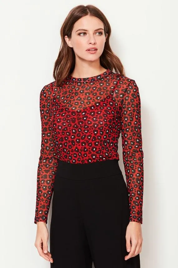 Sosandar Red Leopard Print Mesh Top Red Women Tops