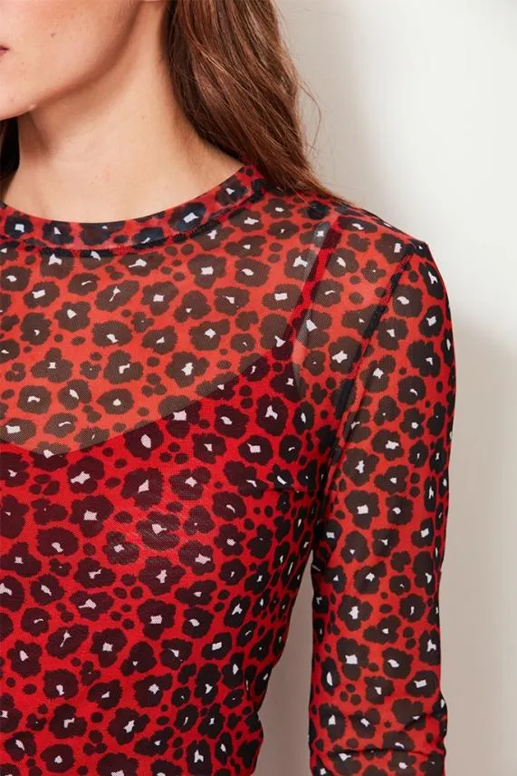 Sosandar Red Leopard Print Mesh Top Red Women Tops