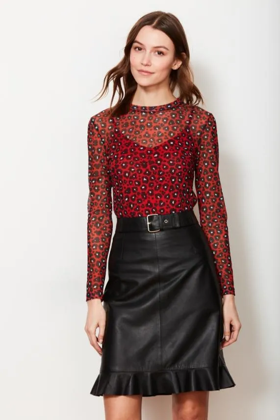 Sosandar Red Leopard Print Mesh Top Red Women Tops