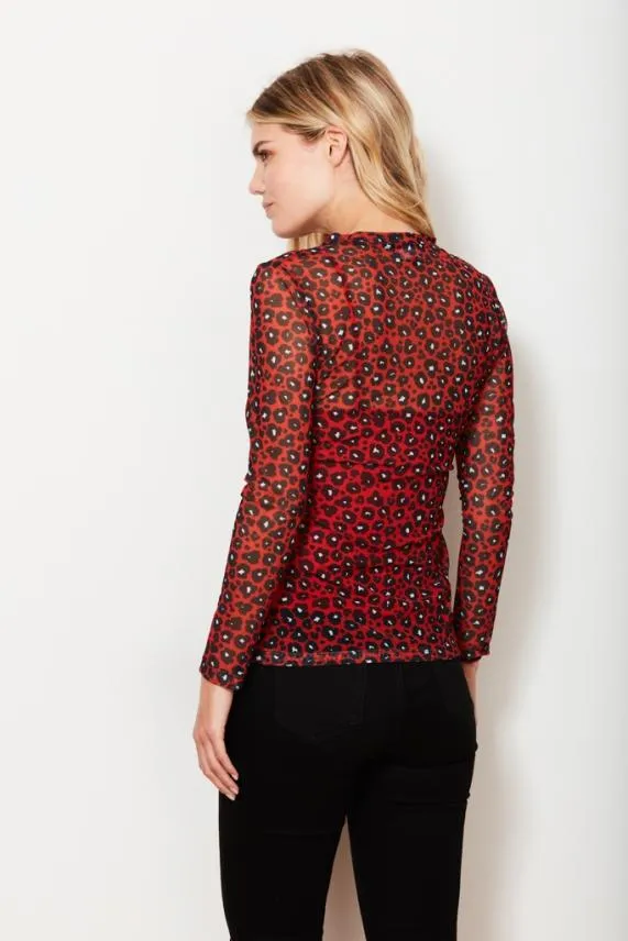 Sosandar Red Leopard Print Mesh Top Red Women Tops