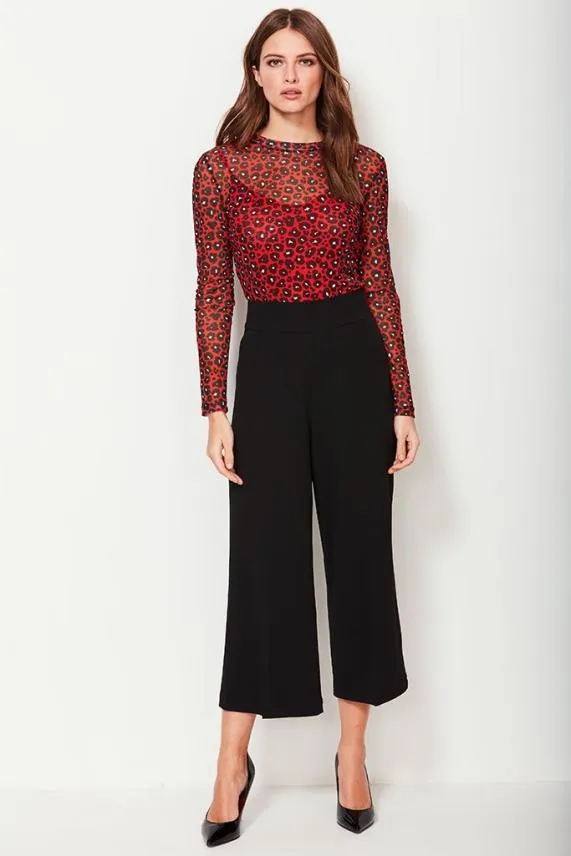 Sosandar Red Leopard Print Mesh Top Red Women Tops