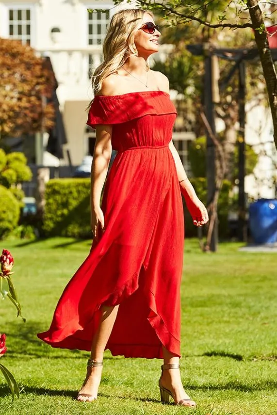 Sosandar Red Ruffle Detail Side Split Bardot Dress Red Women Dresses