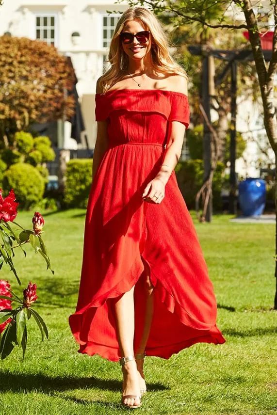Sosandar Red Ruffle Detail Side Split Bardot Dress Red Women Dresses