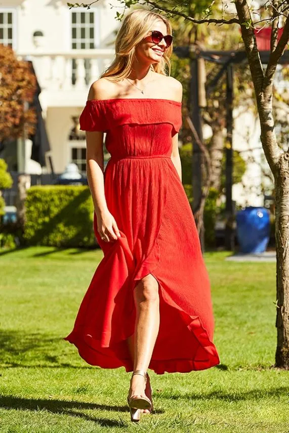 Sosandar Red Ruffle Detail Side Split Bardot Dress Red Women Dresses