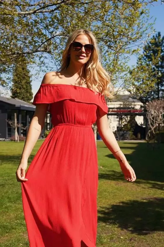 Sosandar Red Ruffle Detail Side Split Bardot Dress Red Women Dresses