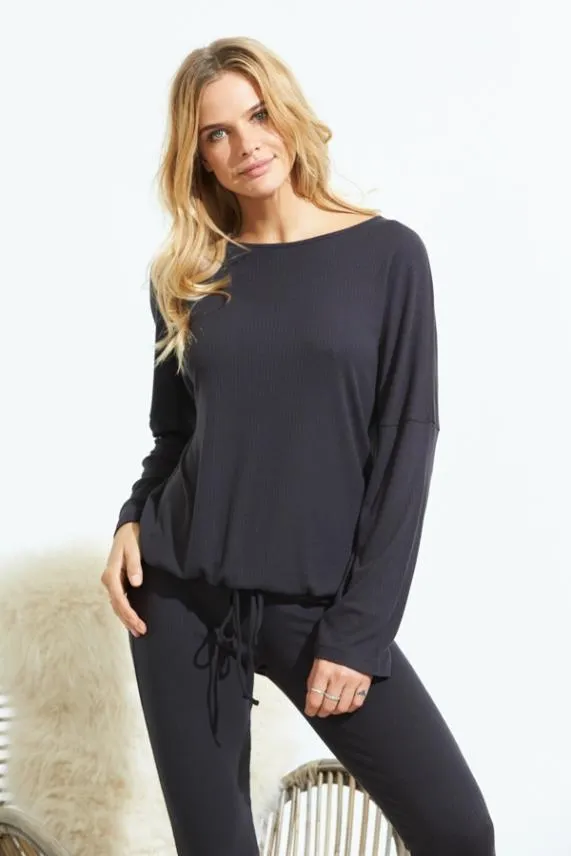 Sosandar Slate Grey Rib Drawstring Loungewear Top Grey Women Loungewear