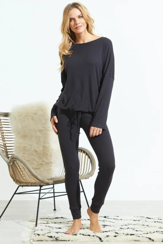 Sosandar Slate Grey Rib Drawstring Loungewear Top Grey Women Loungewear