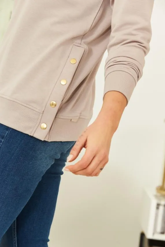 Sosandar Stone Relaxed Fit Gold Popper Detail Sweatshirt Women Loungewear
