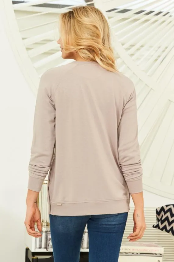 Sosandar Stone Relaxed Fit Gold Popper Detail Sweatshirt Women Loungewear