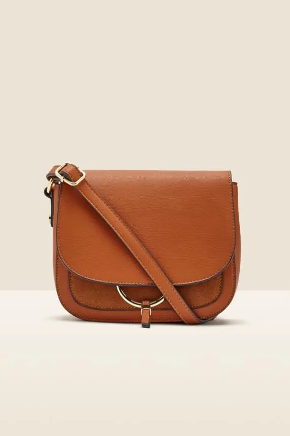 Sosandar Tan Faux Leather Hoop Clasp Cross Body Bag Tan Women Bags and Belts