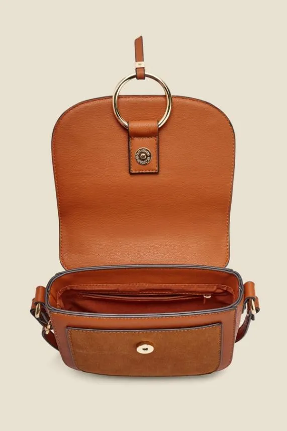 Sosandar Tan Faux Leather Hoop Clasp Cross Body Bag Tan Women Bags and Belts