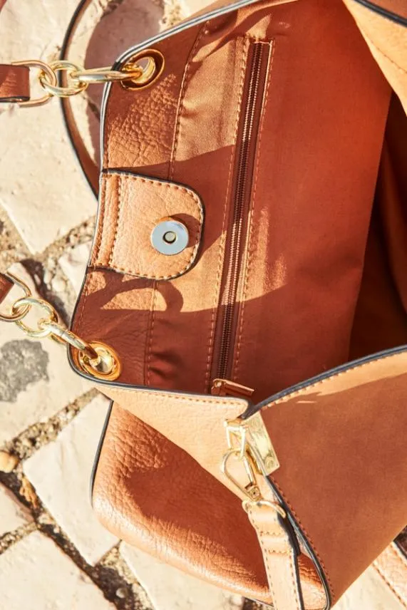 Sosandar Tan Faux Suede and Leather Tote Bag With Shoulder Strap Tan Women Bags and Belts