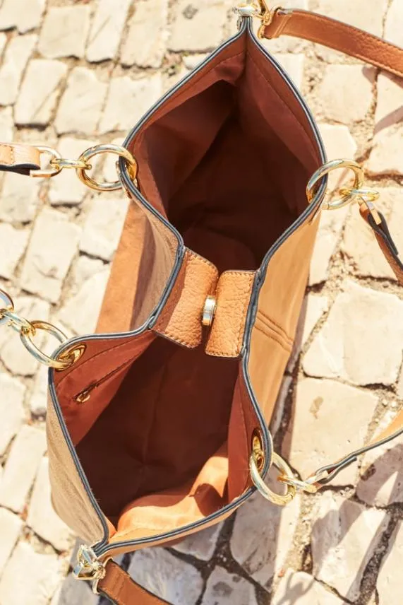 Sosandar Tan Faux Suede and Leather Tote Bag With Shoulder Strap Tan Women Bags and Belts