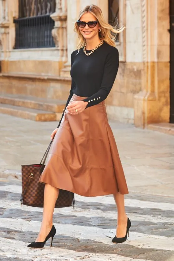 Sosandar Tan Leather Look Panelled A Line Midi Skirt Tan Women Skirts