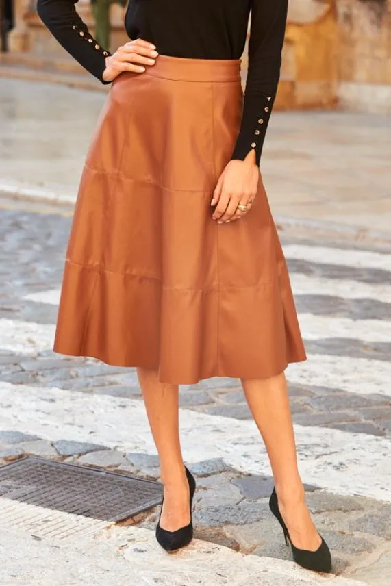 Sosandar Tan Leather Look Panelled A Line Midi Skirt Tan Women Skirts