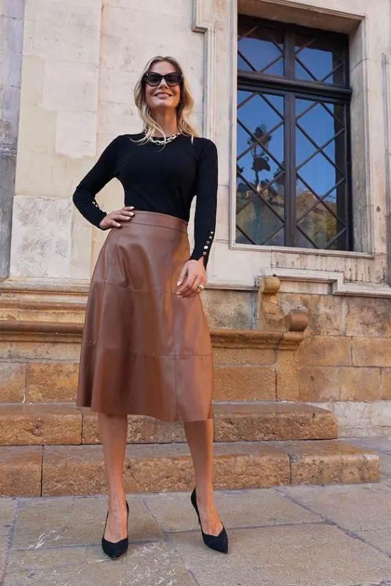 Sosandar Tan Leather Look Panelled A Line Midi Skirt Tan Women Skirts