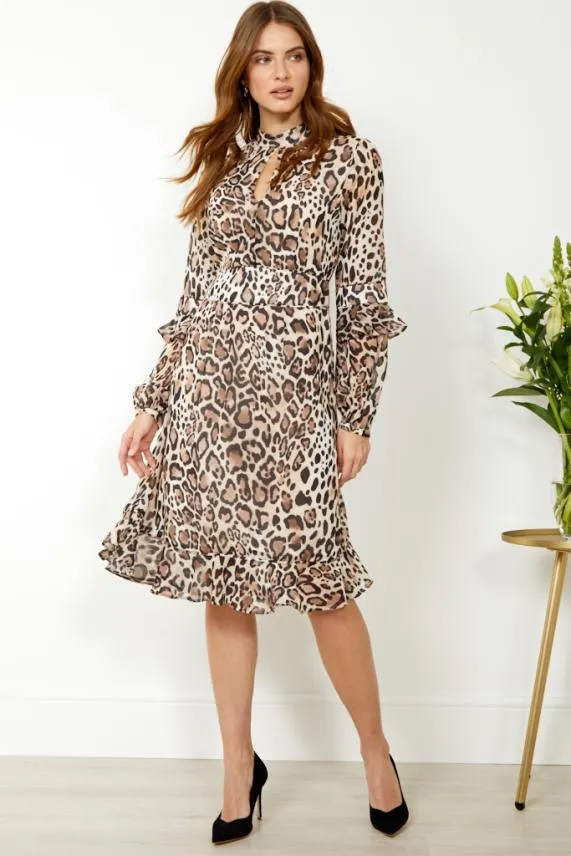 Sosandar Tan Leopard Print Fit and Flare Ruffle Dress Tan Women Dresses