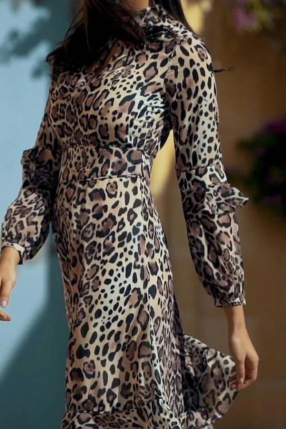 Sosandar Tan Leopard Print Fit and Flare Ruffle Dress Tan Women Dresses