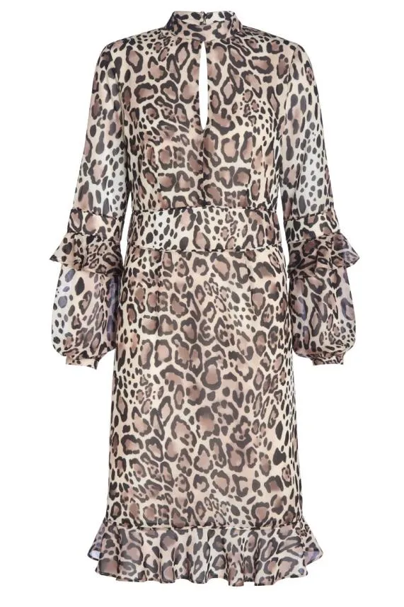 Sosandar Tan Leopard Print Fit and Flare Ruffle Dress Tan Women Dresses