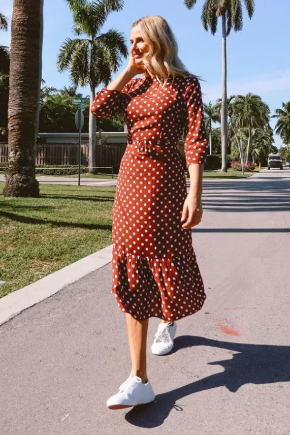 Sosandar Tuscan Red Polka Dot Belted Tiered Midi Dress Women Dresses