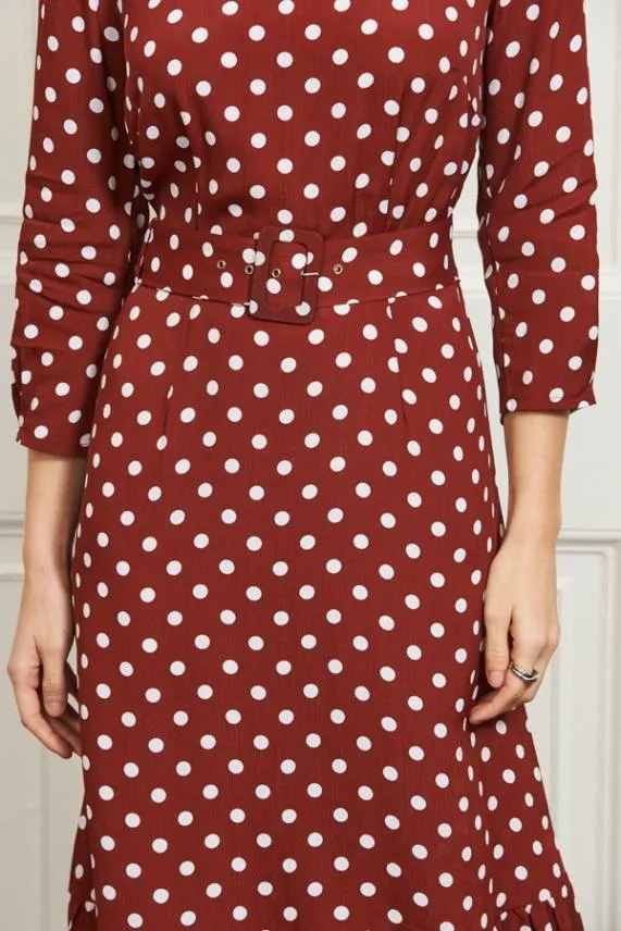 Sosandar Tuscan Red Polka Dot Belted Tiered Midi Dress Women Dresses