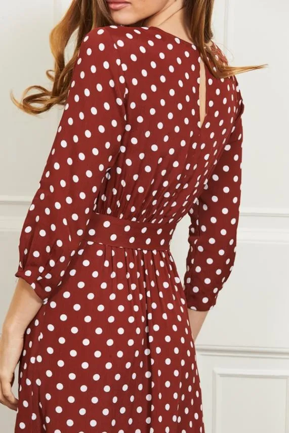 Sosandar Tuscan Red Polka Dot Belted Tiered Midi Dress Women Dresses