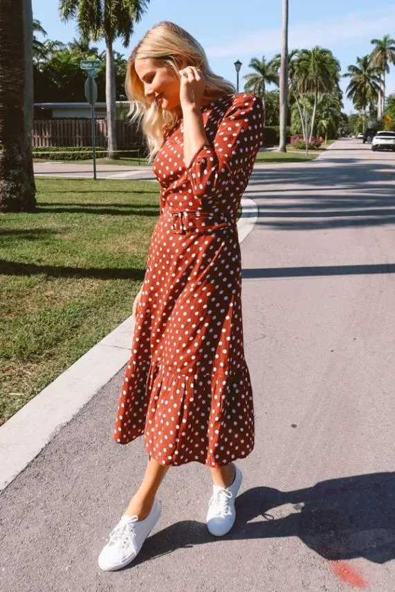 Sosandar Tuscan Red Polka Dot Belted Tiered Midi Dress Women Dresses