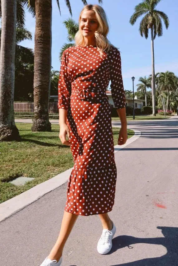 Sosandar Tuscan Red Polka Dot Belted Tiered Midi Dress Women Dresses