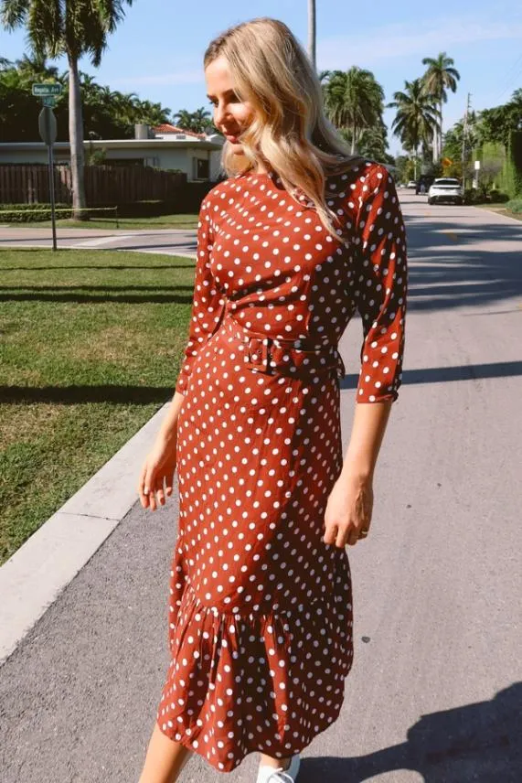 Sosandar Tuscan Red Polka Dot Belted Tiered Midi Dress Women Dresses
