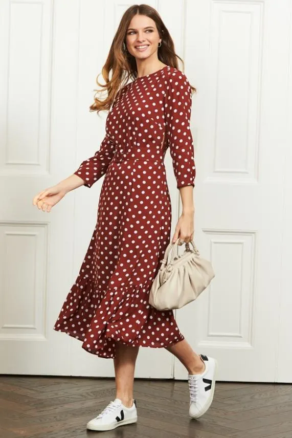 Sosandar Tuscan Red Polka Dot Belted Tiered Midi Dress Women Dresses