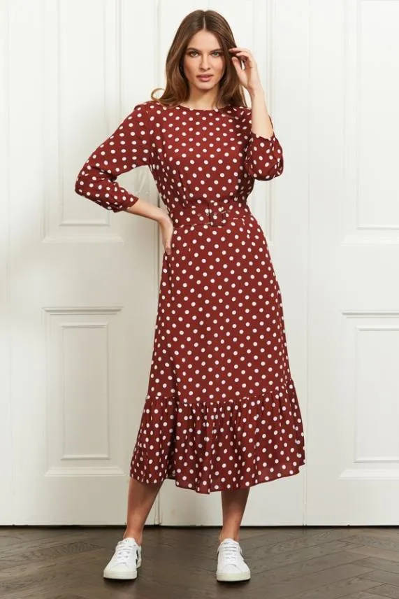 Sosandar Tuscan Red Polka Dot Belted Tiered Midi Dress Women Dresses