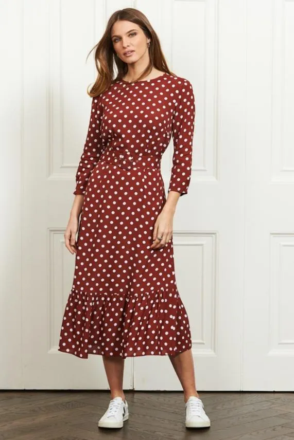Sosandar Tuscan Red Polka Dot Belted Tiered Midi Dress Women Dresses