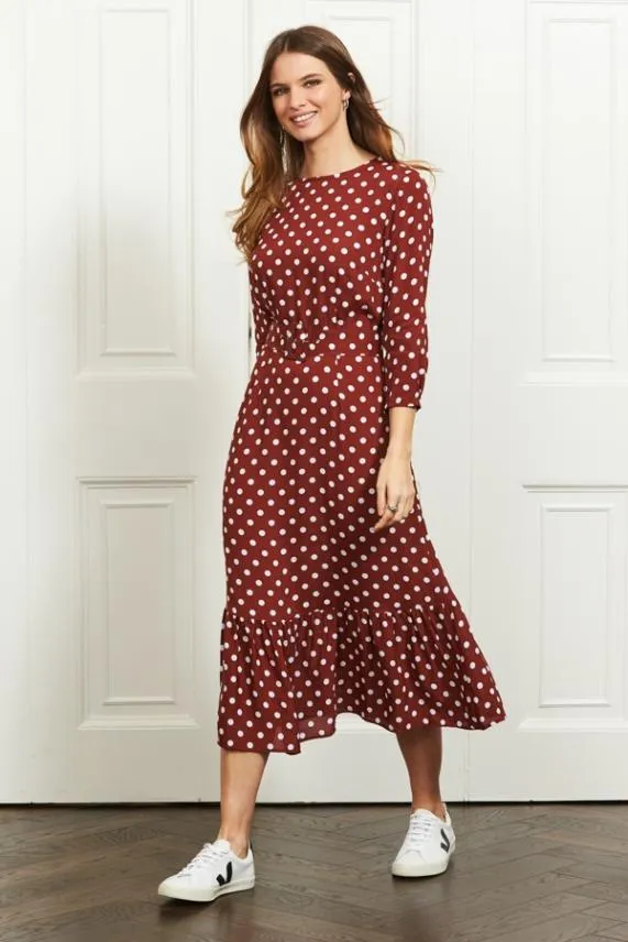 Sosandar Tuscan Red Polka Dot Belted Tiered Midi Dress Women Dresses