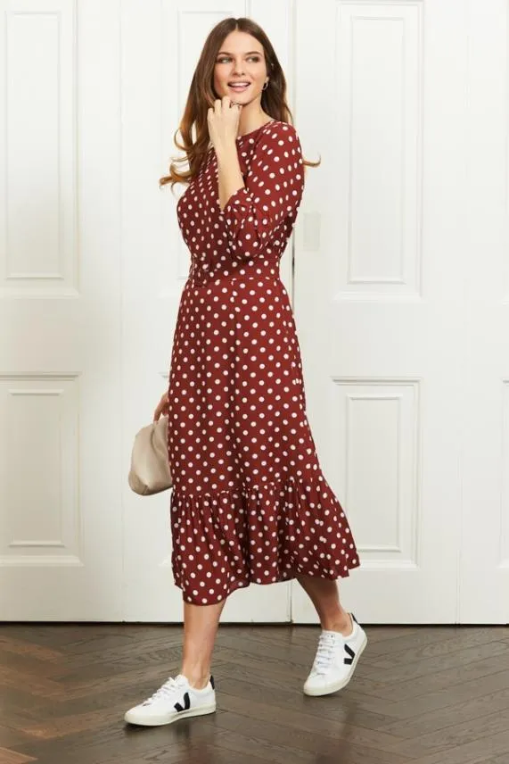 Sosandar Tuscan Red Polka Dot Belted Tiered Midi Dress Women Dresses