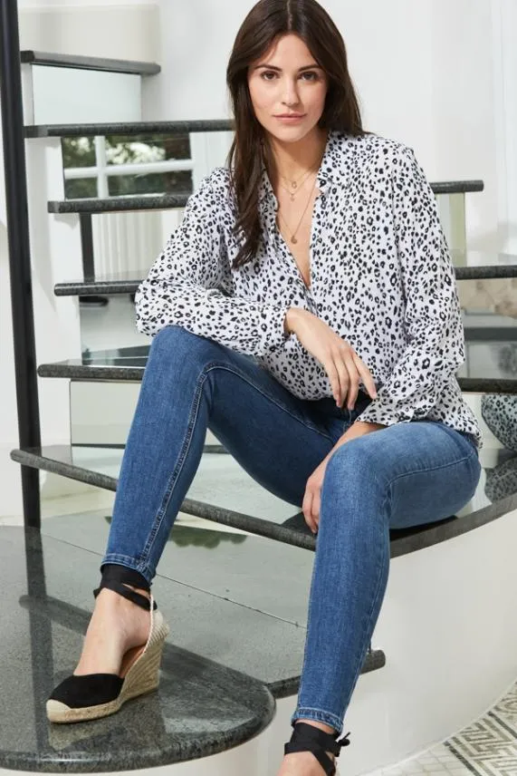 Sosandar White and Black Animal Print Longline Shirt White Black Women Tops