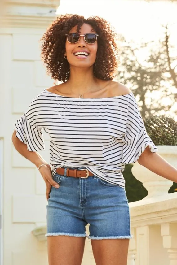 Sosandar White and Black Stripe Fluted Sleeve Jersey Bardot Top White Black Women Tops Sosandar White and Black Stripe Fluted Sleeve Jersey Bardot Top White Black Women Tops