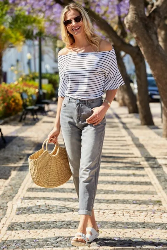 Sosandar White and Black Stripe Fluted Sleeve Jersey Bardot Top White Black Women Tops
