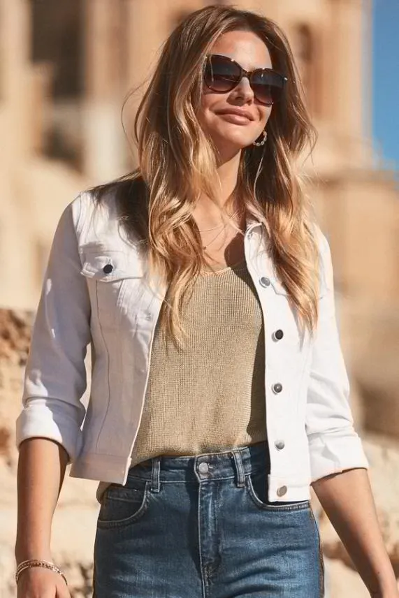 Sosandar White Denim Jacket With Silver Button Detail White Women Jackets and Coats