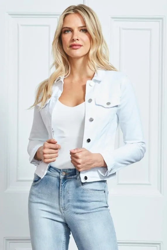 Sosandar White Denim Jacket With Silver Button Detail White Women Jackets and Coats