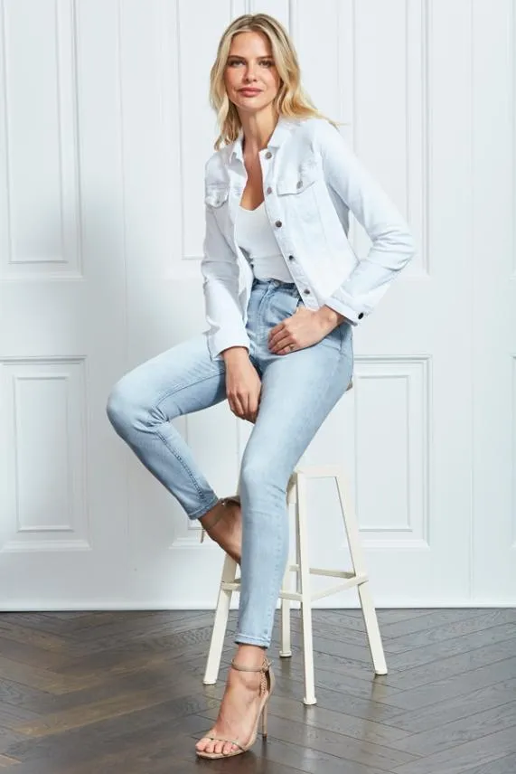 Sosandar White Denim Jacket With Silver Button Detail White Women Jackets and Coats