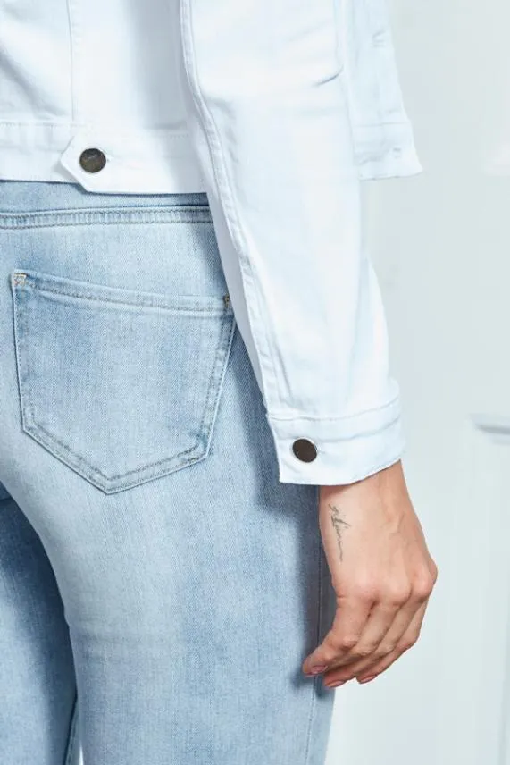 Sosandar White Denim Jacket With Silver Button Detail White Women Jackets and Coats