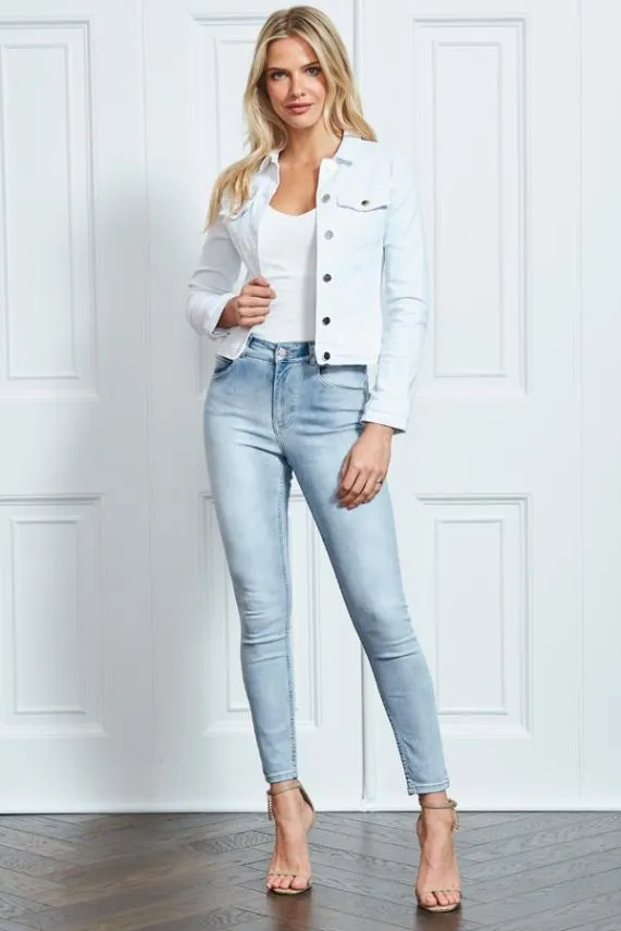 Sosandar White Denim Jacket With Silver Button Detail White Women Jackets and Coats