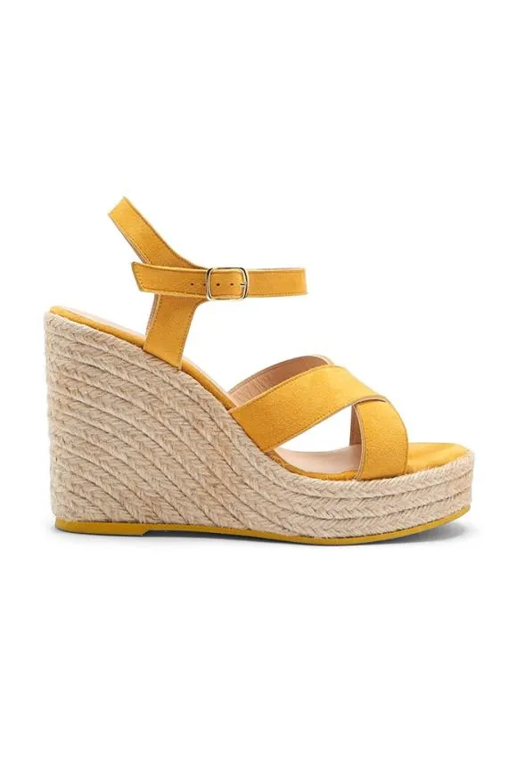 Sosandar Yellow Havana Suede Espadrille Wedges Women Sandals and Flip Flops