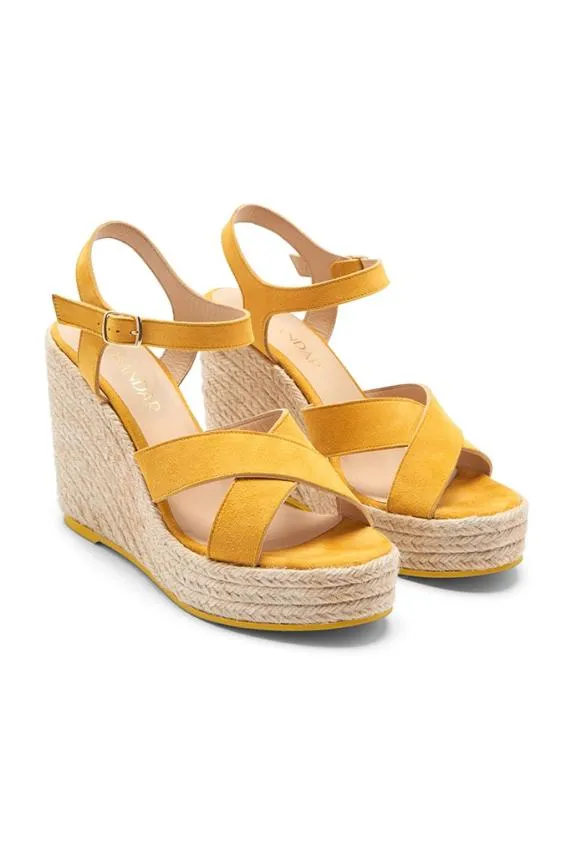 Sosandar Yellow Havana Suede Espadrille Wedges Women Sandals and Flip Flops
