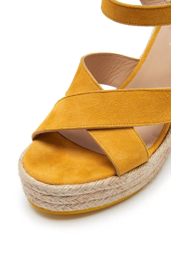 Sosandar Yellow Havana Suede Espadrille Wedges Women Sandals and Flip Flops