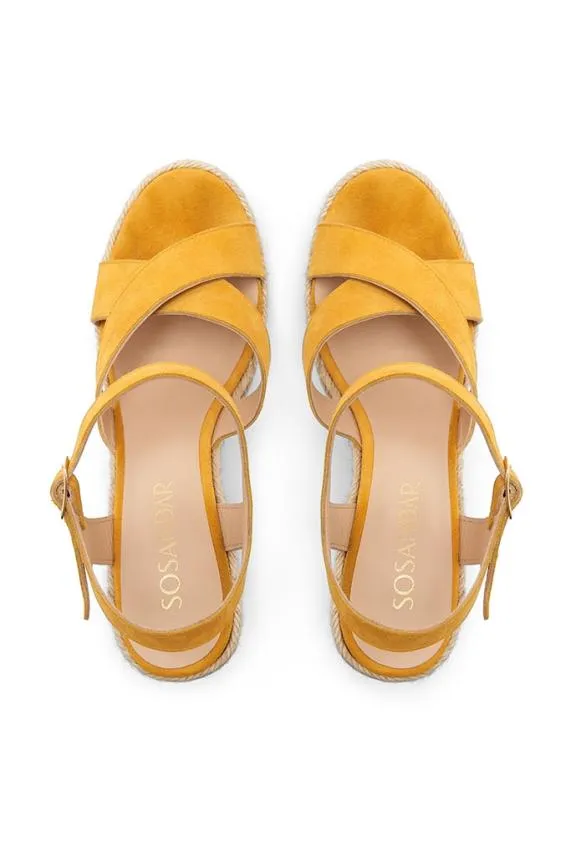 Sosandar Yellow Havana Suede Espadrille Wedges Women Sandals and Flip Flops